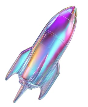 Futuristic iridescent rocket with a sleek metallic finish, isolated on white background. Sci-fi spacecraft, space exploration, technology innovation