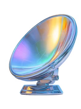 Futuristic holographic satellite dish isolated on white background. Iridescent high-tech receiver, glossy futuristic technology, communication antenna