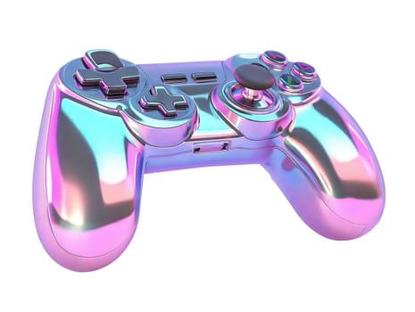 Futuristic iridescent gaming controller isolated on white background. Modern glossy gamepad, holographic joystick, cyberpunk, esports accessory, next-gen gaming concept