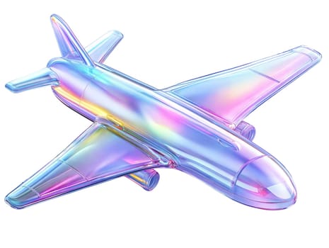 Futuristic holographic airplane isolated on white background. Modern aviation, iridescent aircraft, cyberpunk airliner, high-tech travel, glossy futuristic jet, sci-fi inspired plane, luxury air travel