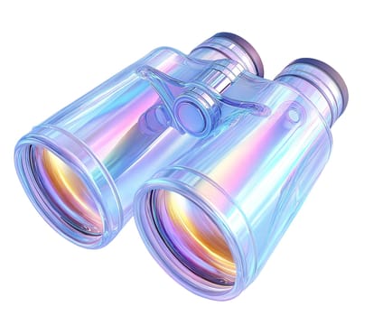 Futuristic holographic binoculars isolated on white background. Glossy iridescent optics, modern cyber design, high-tech observation equipment