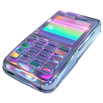 Futuristic holographic payment terminal isolated on white background. Iridescent POS device with digital keypad and rainbow screen for transactions
