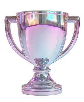 Futuristic iridescent trophy with a glossy, holographic finish, isolated on white background. Modern award design with a cyberpunk aesthetic.