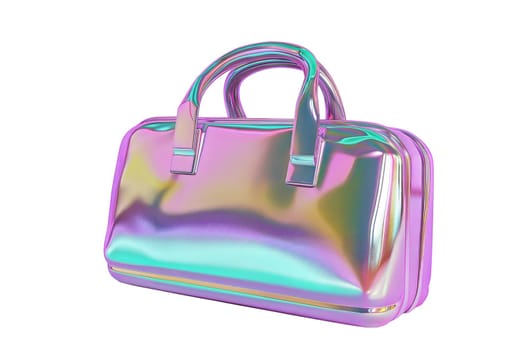 Trendy holographic handbag with iridescent surface reflecting pastel colors, stylish fashion accessory, isolated on white background.