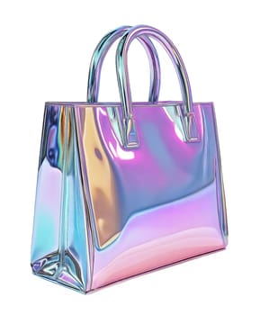 Futuristic holographic shopping bag with glossy iridescent surface, modern fashion accessory, retail and luxury packaging, isolated on white background