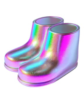 Stylish holographic rain boots with iridescent reflective surface, futuristic and trendy footwear, isolated on white background.