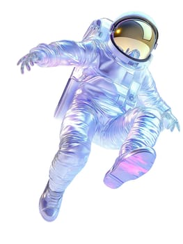 Futuristic holographic astronaut with iridescent reflective space suit, floating in zero gravity, sci-fi and space exploration concept, isolated on white background.