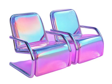 Futuristic holographic chairs isolated on white background. Iridescent modern seating, glossy furniture design, stylish minimalistic chairs