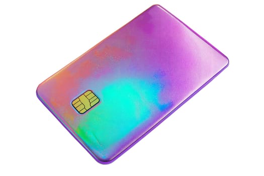 Futuristic holographic credit card with iridescent surface and embedded chip, symbolizing digital finance, banking, and cashless payments, isolated on white background