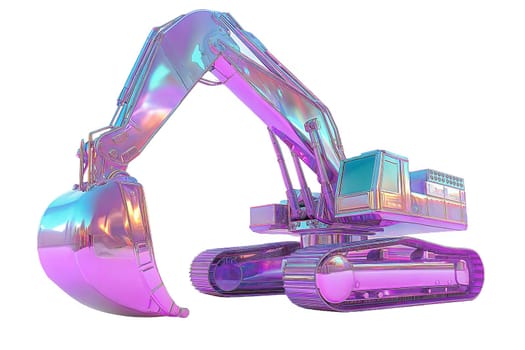 Futuristic iridescent excavator with a sleek metallic finish, isolated on white background. High-tech construction equipment with a glossy reflective surface.