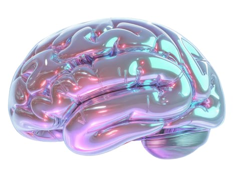 Futuristic holographic brain with iridescent reflective surface, symbolizing artificial intelligence, neuroscience, and digital thinking, isolated on white background.