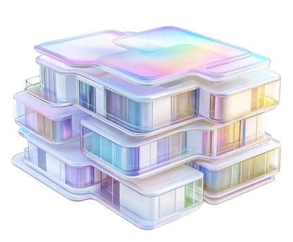 Futuristic glossy building with iridescent glass facade, isolated on white background. Modern architecture, sci-fi structure, innovative cityscape, cyberpunk, luxury design, high-tech office