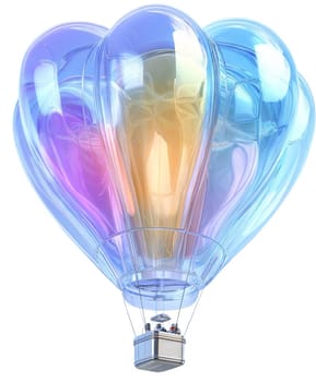 Futuristic holographic hot air balloon isolated on white background. Glossy iridescent surface, cyberpunk design, modern futuristic aviation concept