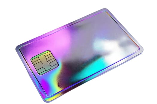 Futuristic holographic credit card with iridescent surface and embedded chip, symbolizing digital finance, banking, and cashless payments, isolated on white background