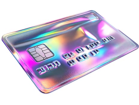 Futuristic holographic credit card with iridescent surface and embedded chip, symbolizing digital finance, banking, and cashless payments, isolated on white background