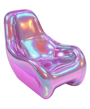 Modern futuristic holographic lounge chair with an iridescent glossy finish, featuring a sleek and futuristic design, isolated on white background