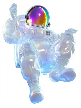 Futuristic holographic astronaut with iridescent reflective space suit, floating in zero gravity, sci-fi and space exploration concept, isolated on white background.
