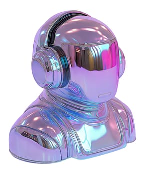 Futuristic glossy robot head with headphones isolated on white background. Cyberpunk AI, sci-fi humanoid design, iridescent high-tech bot, digital assistant concept