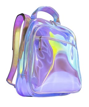 Futuristic holographic backpack isolated on white background. Stylish iridescent travel bag with glossy surface, modern minimal fashion accessory
