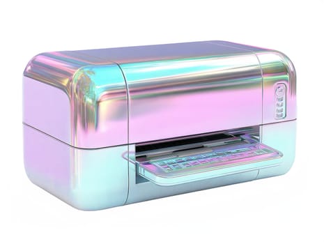 Futuristic holographic printer isolated on white background. Stylish, glossy, iridescent printing device with a modern, high-tech aesthetic.