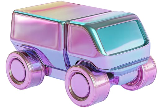 Futuristic holographic toy truck isolated on white background. Glossy iridescent miniature vehicle, sci-fi transportation design, cyberpunk aesthetic, high-tech futuristic toy car