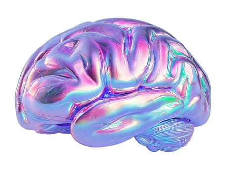 Futuristic holographic brain with iridescent reflective surface, symbolizing artificial intelligence, neuroscience, and digital thinking, isolated on white background.