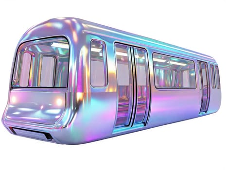 Futuristic iridescent metro train with a sleek, modern design and holographic finish, isolated on white background. High-tech public transport concept.