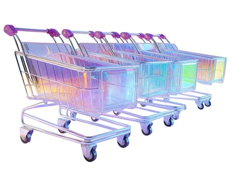 Futuristic iridescent shopping carts with a metallic glow, isolated on white background. Stylish cyberpunk retail concept with neon reflections