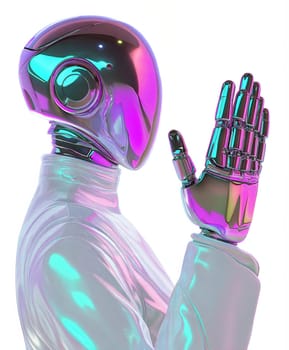 Futuristic humanoid robot with cybernetic hand waving isolated on white background. Glossy iridescent android with high-tech design, AI assistant, sci-fi artificial intelligence