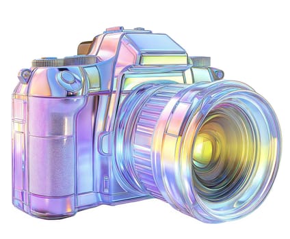 Futuristic camera isolated on white background. Glossy, iridescent DSLR with high-tech lens, modern photography equipment, cyberpunk aesthetic, advanced imaging technology, and sleek futuristic design