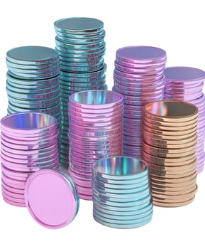 Stacks of futuristic iridescent coins with a glossy, holographic finish, isolated on white background. Cyberpunk digital currency concept.