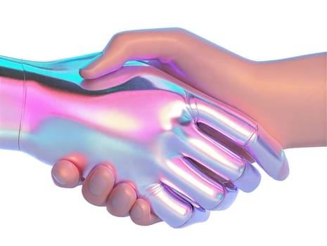 Futuristic human and robotic handshake isolated on white background. Symbolizing technology, AI collaboration, business agreement, innovation, and cybernetic future with metallic aesthetics.