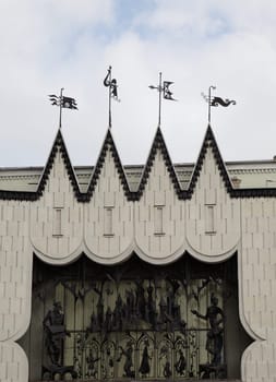 Nizhny Novgorod, Russia - August 27, 2016 - Ornate roof features with decorative sculptures of an Academic Puppet Theater