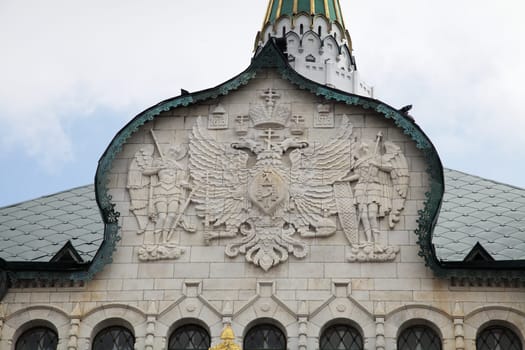 Ornate carvings and decorative elements adorn the historic architecture of State Bank in Nizhny Novgorod, Russia.