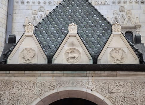 Ornate carvings and decorative elements adorn the historic architecture of State Bank in Nizhny Novgorod, Russia.