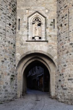 detailed sculptures of the old gate of Carcassonne