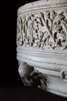 Detailed stone carvings showcase intricate designs in Carcassonne, France.