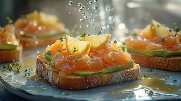 Freshly made toast topped with creamy avocado and tender salmon is served outdoors. Bright lemon slices and herbs enhance the vibrant dish under warm sunlight.