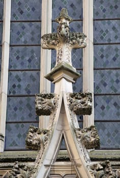 Ornate sculptures atop Cathedral Saint-Etienne in Toulouse showcase the artistry of its design.