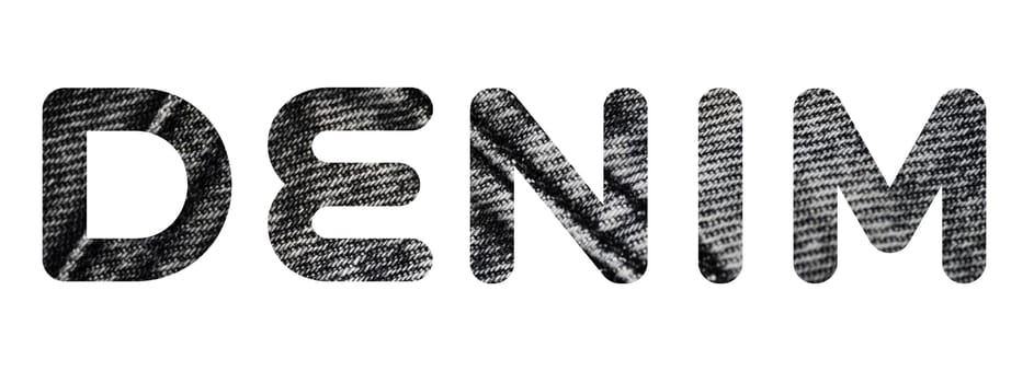 Word DENIM from denim grey pattern of folded jeans background. Fashion, stock and magazine concept. Denim font. High quality photo