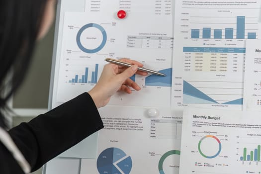 A professional points at financial charts on a board, highlighting data analysis and business strategy.