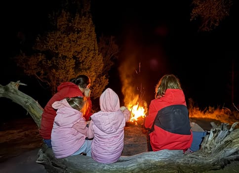 Family sit together by a campfire at night. The warm glow of the fire creates a cozy atmosphere. Captured from behind, faces are not visible.