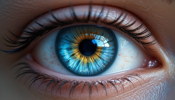 A single, piercing gaze, as deep as the ocean. Blue and gold intertwine, drawing you into its silent, soulful depths. Eyelashes cast shadows, secrets whispered in the fading light.