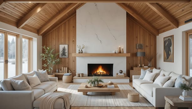 Warm wooden beams and a crackling fire invite you into a sanctuary of cozy tranquility. Soft light dances across plush cushions, as serene artistry whispers tales of nature. Here, peace and contentment embrace you with a gentle, welcoming sigh.
