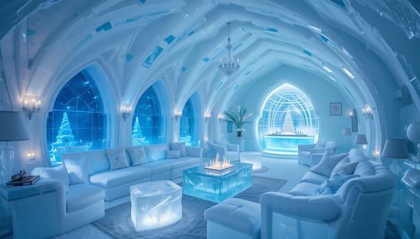 Frozen elegance whispers in the air, bathed in ethereal blue light. Crystal walls echo secrets, as plush seats beckon softly. Tranquility reigns in this icy sanctuary, a serene escape from the world's chaos.