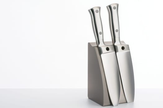 Two sharp kitchen knives rest in a sleek holder on a minimalist countertop, showcasing their polished stainless steel finish.