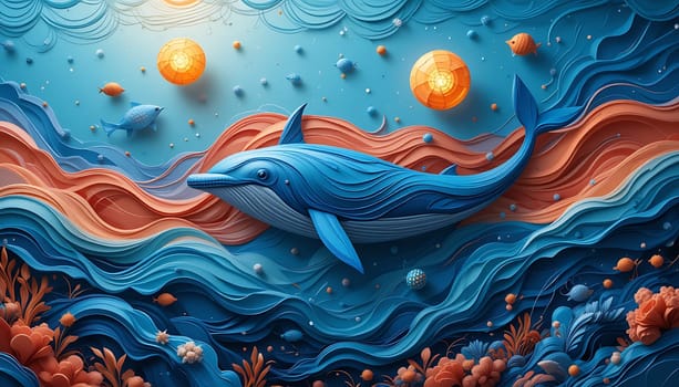 Beneath a serene ocean sky, a majestic whale glides through waves of tranquil blue and fiery orange. Sunlight dances with bubbles, casting a dreamy, ethereal glow. Harmony and wonder fill the air, as if nature itself is whispering secrets of peace and unity.