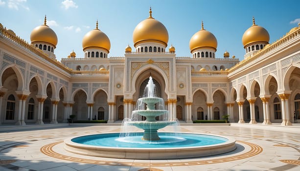 Golden domes bathe in sunlight, arches whisper ancient tales. Serene waters ripple, reflecting timeless beauty. Elegance and tranquility embrace, inspiring awe and reverence.