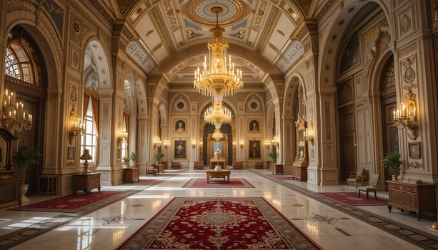 Opulence whispers through vaulted ceilings, golden chandeliers casting warm, regal light. Marble floors echo history's grandeur, a symphony of elegance and timeless grace.