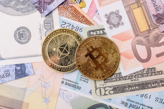 Round metal ethereum on a background of paper banknotes of different currencies. Background for your design